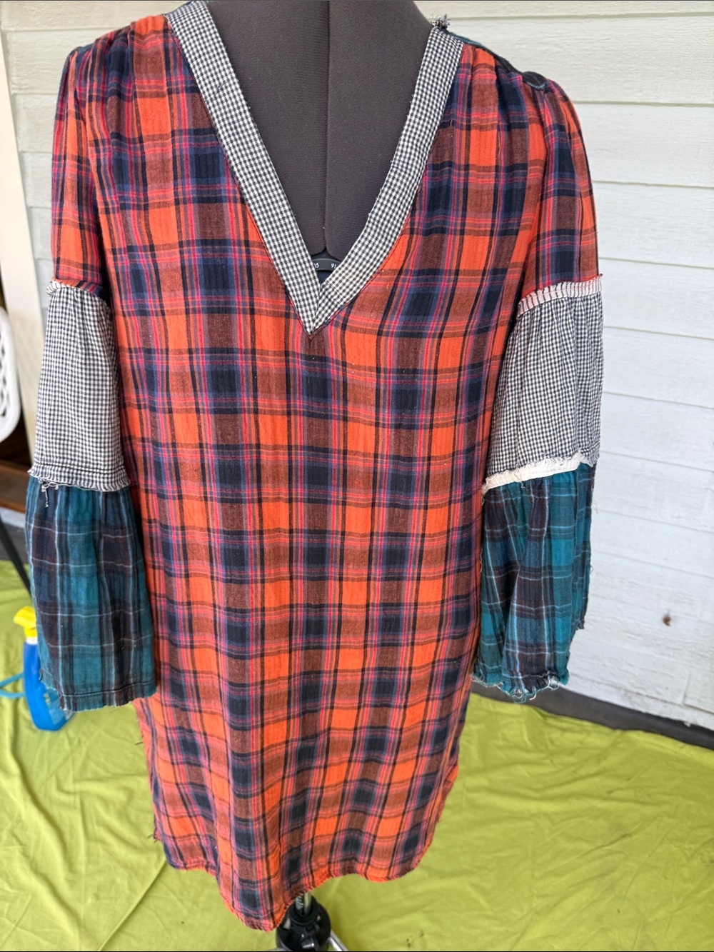 Mixed Plaid V-Neck Midi Dress in Orange and Teal